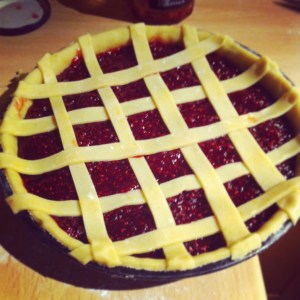 3. Roll out the remaining pastry and cut into long strips. Lattice over the top of the tart